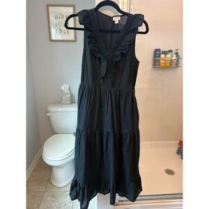 J.Crew Black Ruffle Trim Tiered Midi Dress Women's Size 4 100% Cotton Sleeveless
